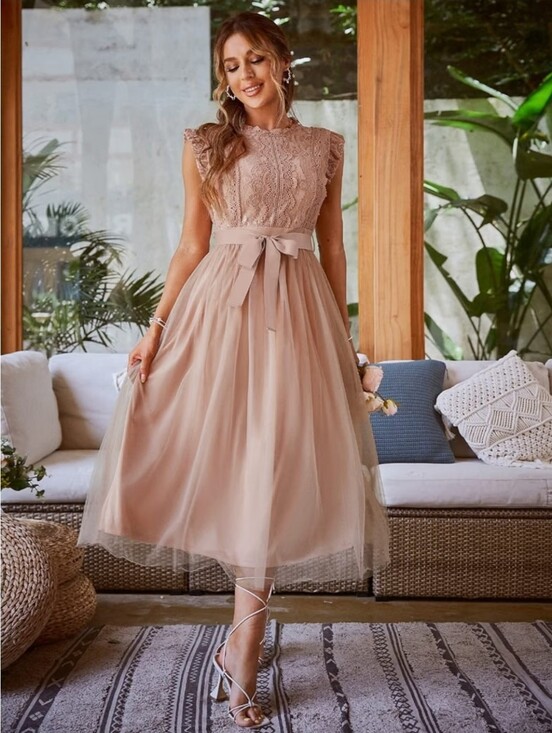 Simplee Apparel Dresses & Skirts - Simplee Women's Contrast Lace Blush Pink Belted Mesh Dress Size L